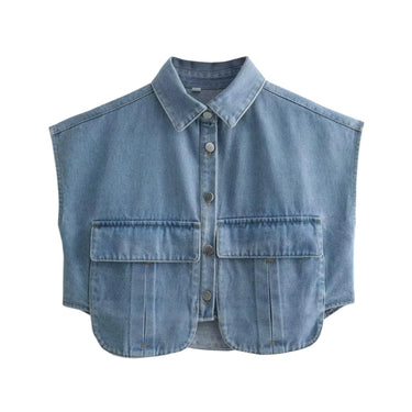 Sleeveless denim crop top with button details on a white background